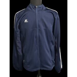 Russell Athletic Youth Sz XL Zip Up Jacket Navy Blue w/ White Stripes On Arm
